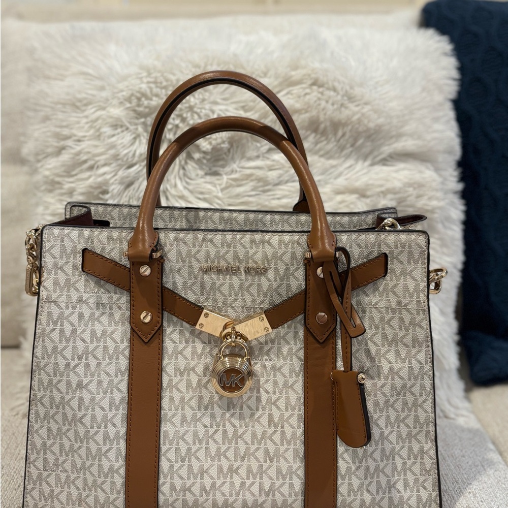 Michael Kors Brown and Cream Satchel with Gold-Tone Accents